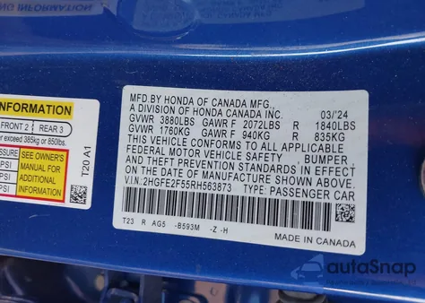 2024 Honda Civic Sport из США, поврежденный, VIN 2HGFE2F55RH563873